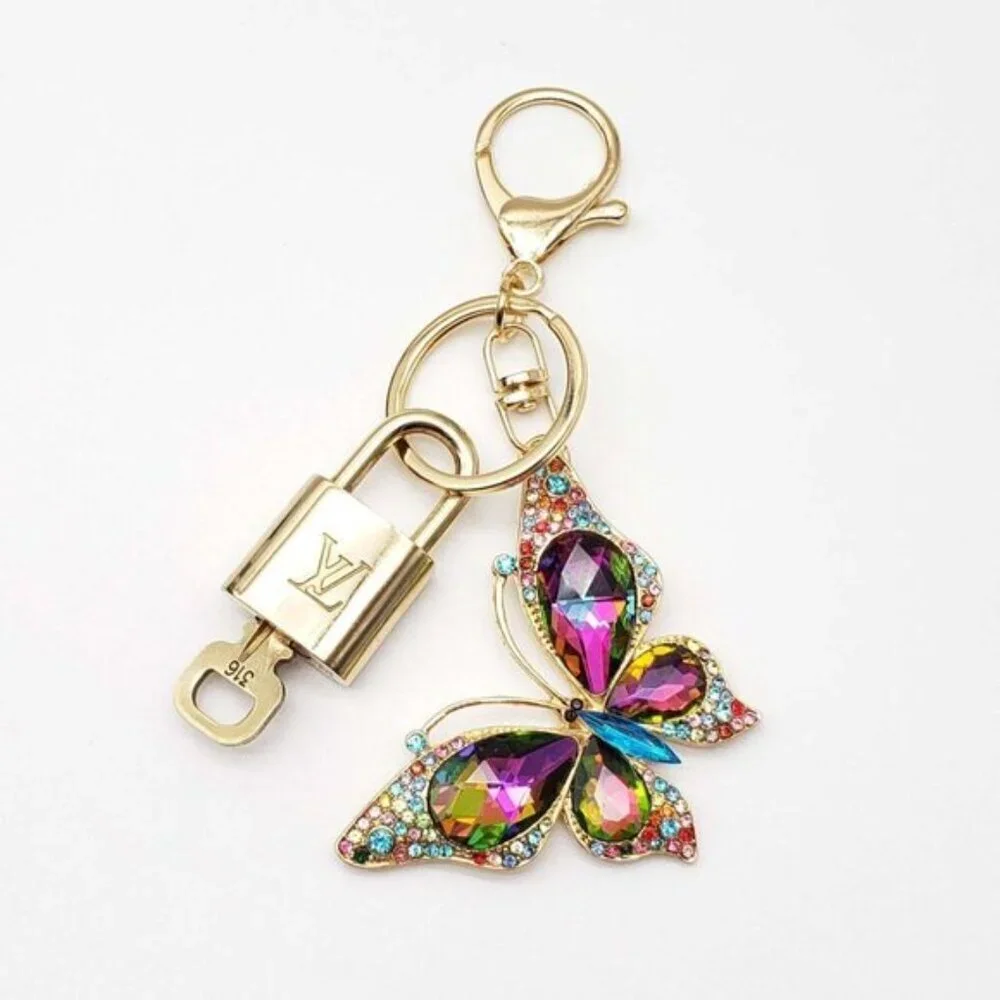 LV Authentic Gold Lock & Key 🔑 Luxury Bag Charm w/ Unbranded Butterfly Keychain